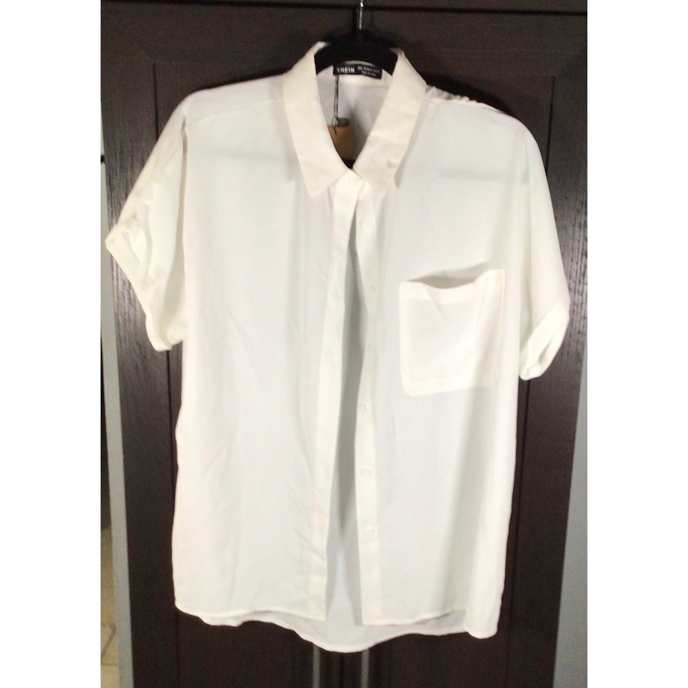 SHEIN Frenchy White Short Sleeve Button Up Boyfriend Shirt Large NWT